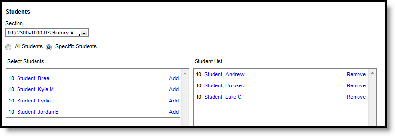 Screenshot of the Student selection step, with students added to the student recipient list.  