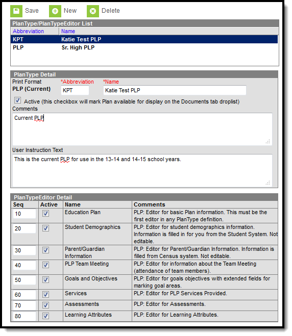Screenshot of the PLP Plan Types tool.