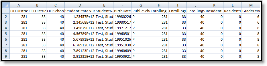 Screenshot of the Online Learning Extract in CSV.