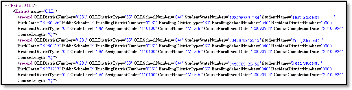 Screenshot of the Online Learning Extract in XML.