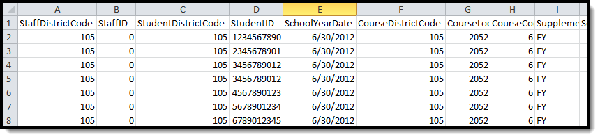 Screenshot of the staff student course template CSV format example.