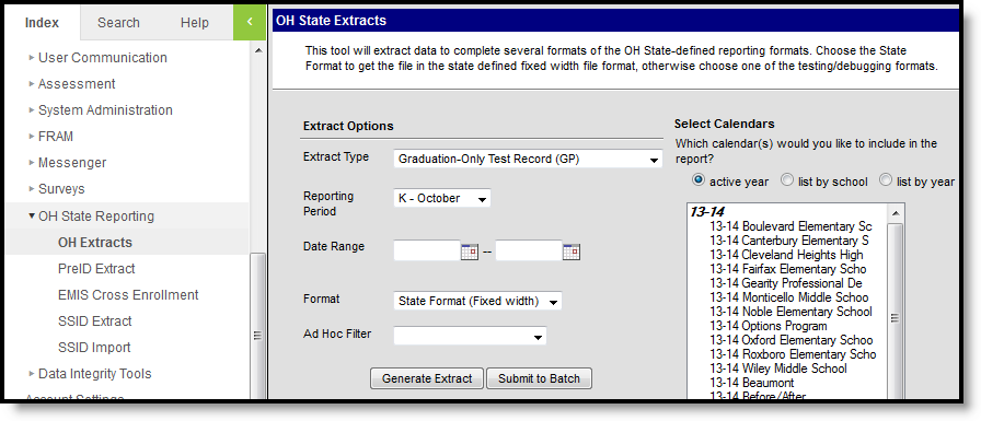 Screenshot of the Graduation-Only Test Record (GP) extract editor.  