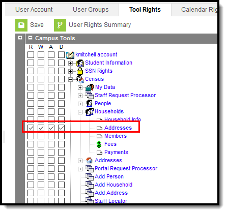 Screenshot of the tool rights for the Address tool displayed in the Classic Navigation view.