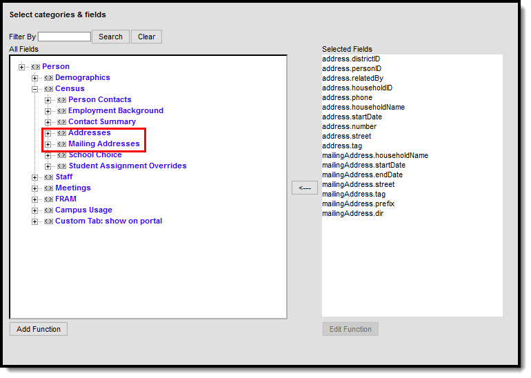 Screenshot of the fields used in Ad Hoc Reporting for finding address information.