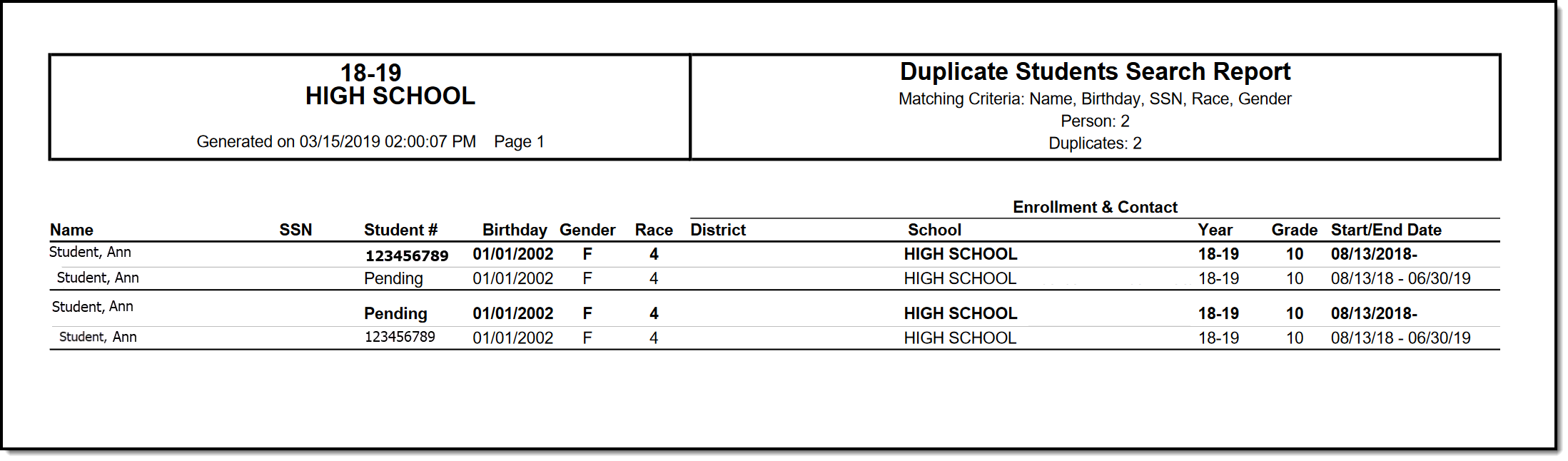 Screenshot of the Duplicate Student Search Report in PDF format. 