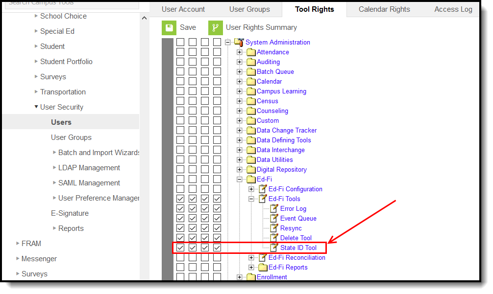 Screenshot of the Tool Rights tab highlighting the State ID Tool section.