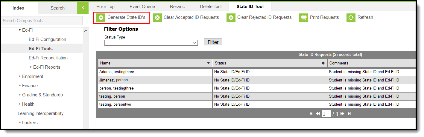 Screenshot of the Ed-Fi Tools State ID Tool tab highlighting the Generate State ID's tab.