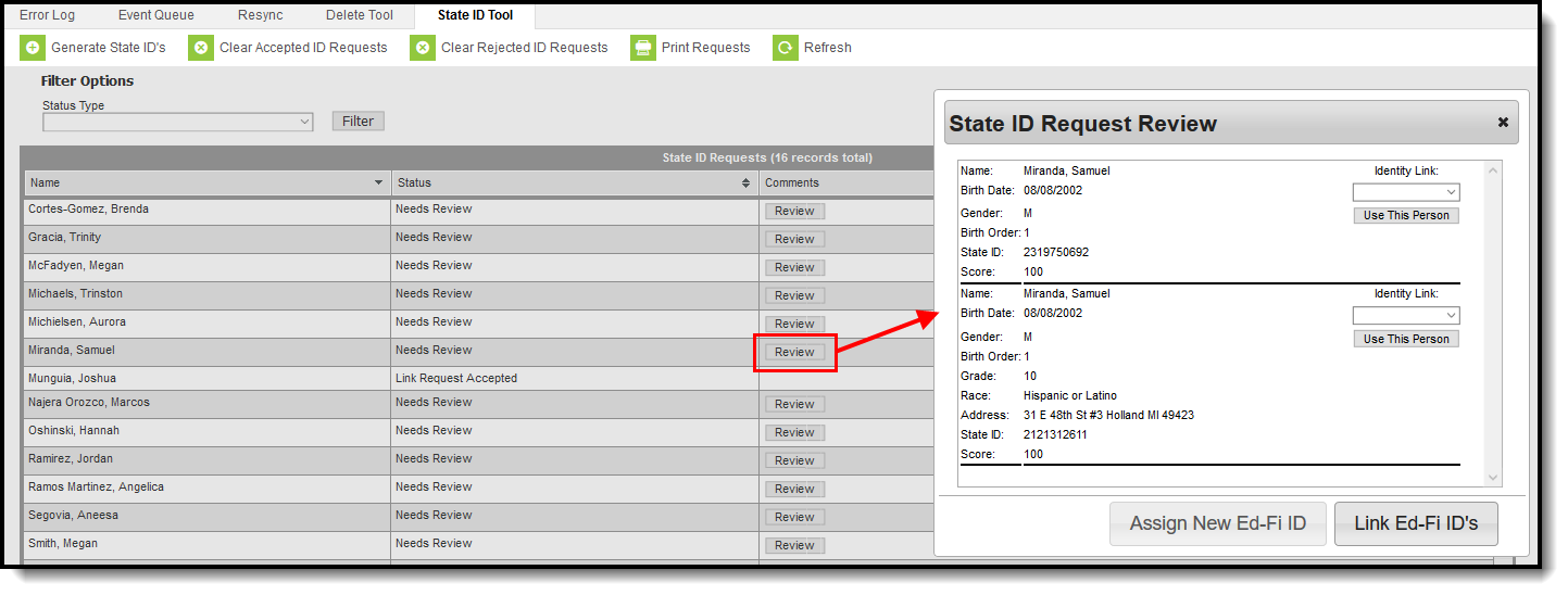 Screenshot of the State ID Request Review screen highlighting the details of the review.