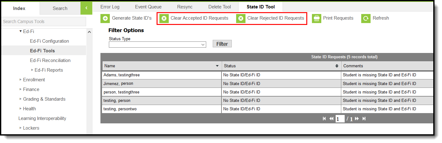 Screenshot of the Ed-Fi State ID Tool highlighting the Clear Accepted ID Requests and Clear Rejected ID Requests options. 