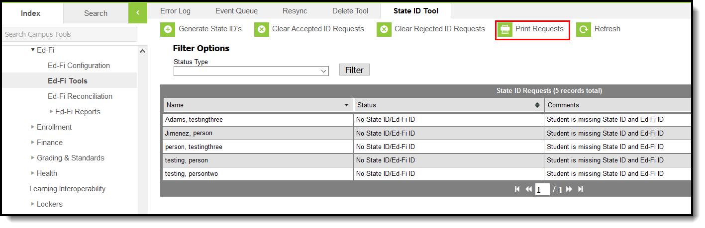Screenshot of the Ed-Fi State ID Tool screen highlighting the Print Requests option. 