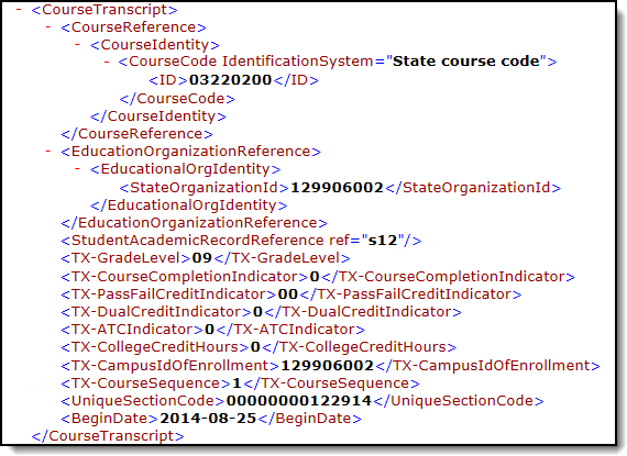 Example Course Transcript extract in xml format.