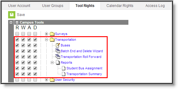 Screenshot of Transportation tool rights all marked for Read, Write, Add, and Delete.