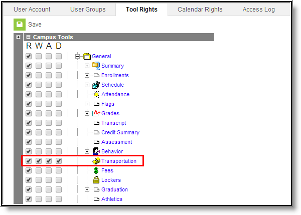 Screenshot of Transportation tool rights all marked for Read, Write, Add, and Delete within Student Information General.