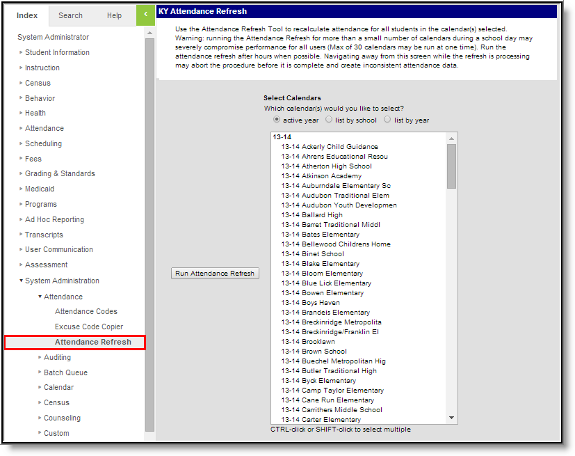  Screenshot of KY Attendance Refresh tool highlighting its location in System Administration.