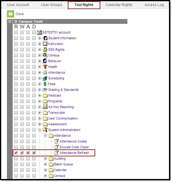 Screenshot of Attendance Refresh Tool Rights.
