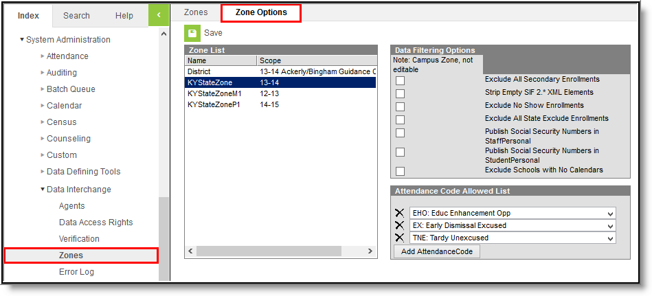 Screenshot highlighting the Zone Options tool. 