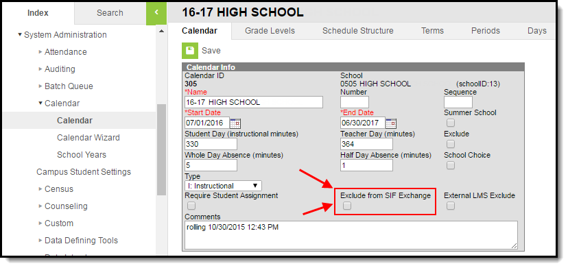 Screenshot highlighting the Exclude from SIF Exchange field on the Calendar tool. 