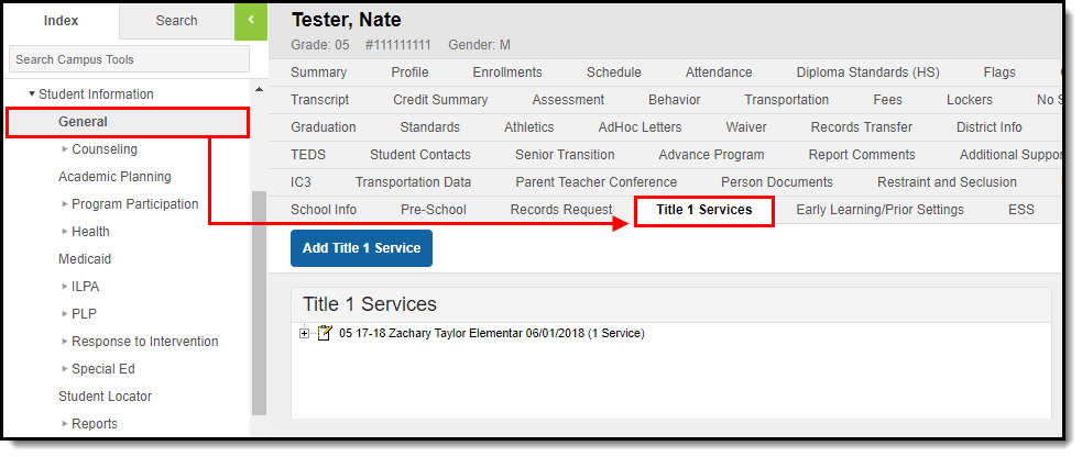 Screenshot of the title 1 services tool. 