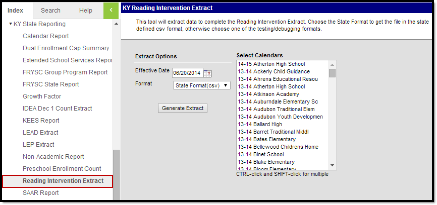 Screenshot of the Reading Intervention extract editor.