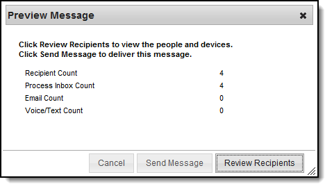 Screenshot of the Preview Message that displays prior to sending the message.