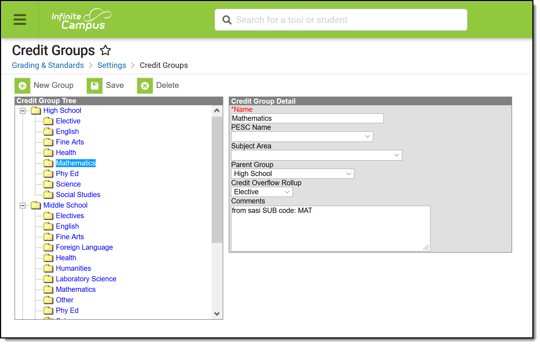 Screenshot of the Credit Groups tool.