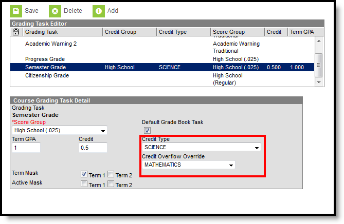 Screenshot of Course Grading Task Detail editor with a callout around the Credit Type and Credit Overflow Override fields. 