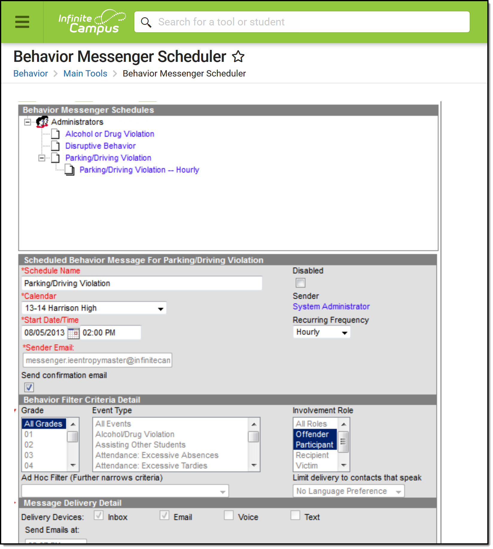 Screenshot of the Behavior Messenger Schedule