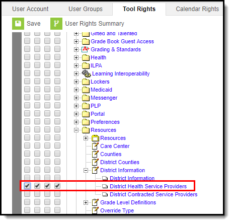 Screenshot of District Health Service Providers Tool Rights with Read, Write, Add, Delete checkboxes selected.