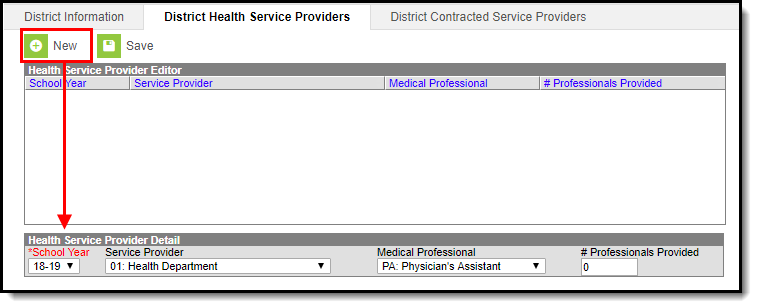 Screenshot of adding a new District Health Service Provider with a callout around the New button in the top left corner.