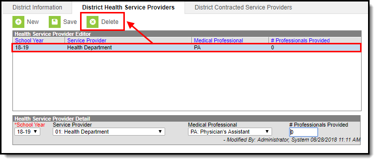 Screenshot of deleting a Health Service Provider with a callout around the Delete button near the top of the screen.