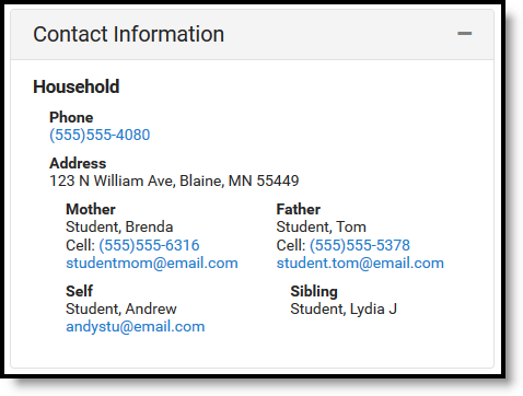 Screenshot of a student's contact information.