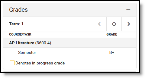 Screenshot of the student's grades