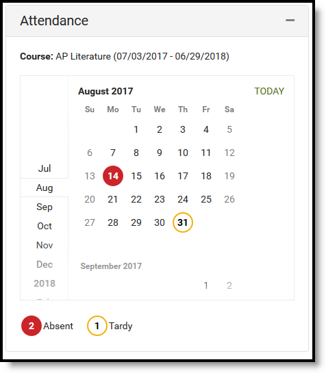 Screenshot of the student's attendance in a calendar format. 