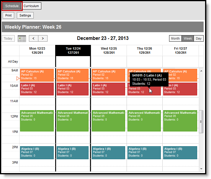 Screenshot of the Planner in schedule view, with the current day indicated. 