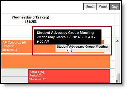 Screenshot highlighting how a meeting displays on a schedule. 