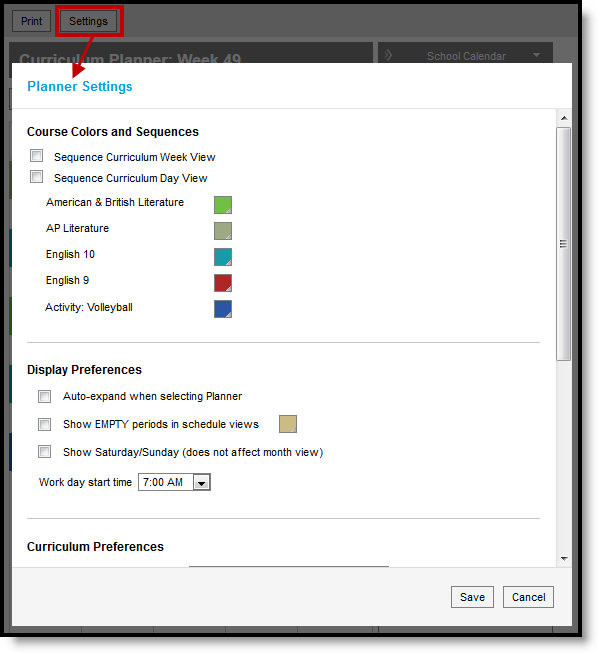 Screenshot highlighting the Settings button at the top of the planner and showing the Settings options.  