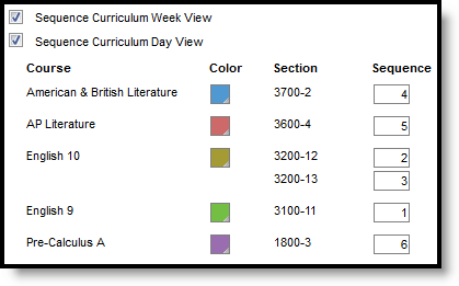 Screenshot of the Course Colors and Sequences section of the Planner Settings. 