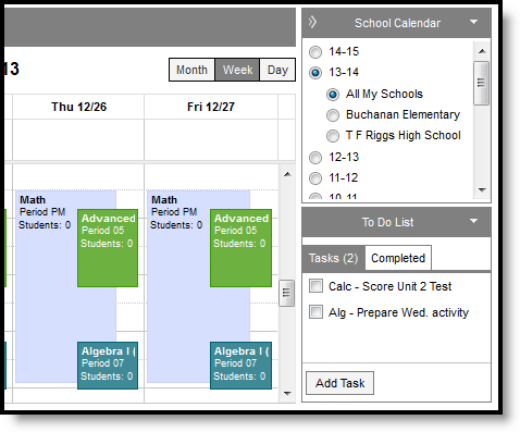 Screenshot highlighting the School Calendar section to the right of the Planner. 