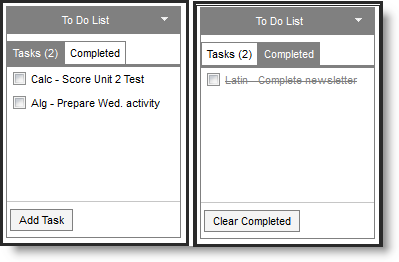Two-part screenshot showing the To Do List with two tasks and how tasks look once completed.  