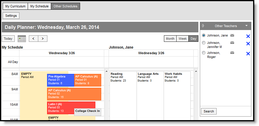 Screenshot of the Planner in Other Schedules view, with the current teacher's schedule shown on the left and another teacher's schedule on the right.  