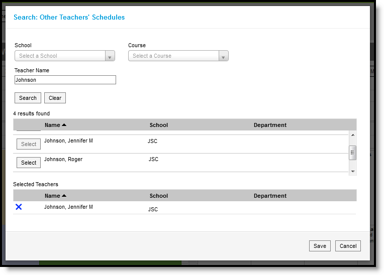 Screenshot of the search modal where a teacher can search for other teachers and add their sections to their Planner view.