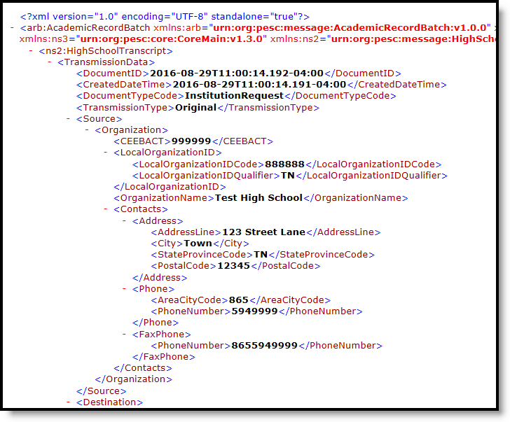 Screenshot of an example of the eTranscript Report in XML format.