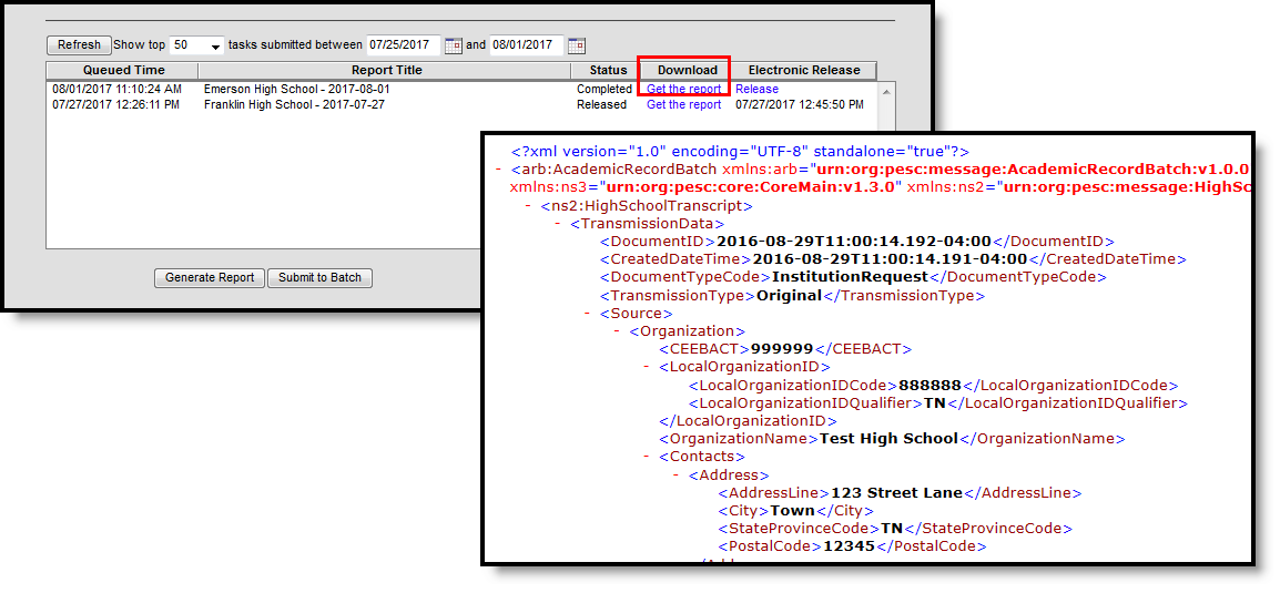 Screenshots of the Get the Report link in the Download column and an XML report example.