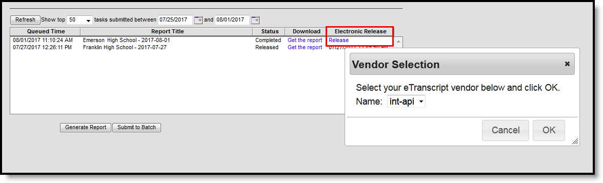 Screenshot of the popup to select your eTranscript vendor.
