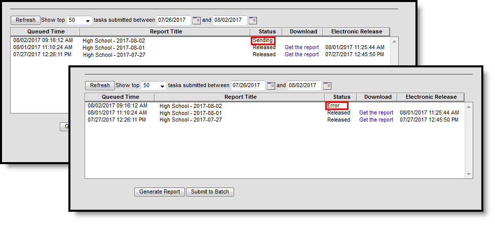 Screenshots of the Batch Queue displaying a sending status and an error status. 