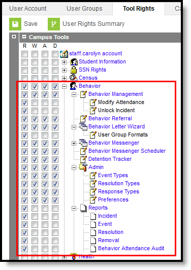 Screenshot of the tool rights for the Behavior module.