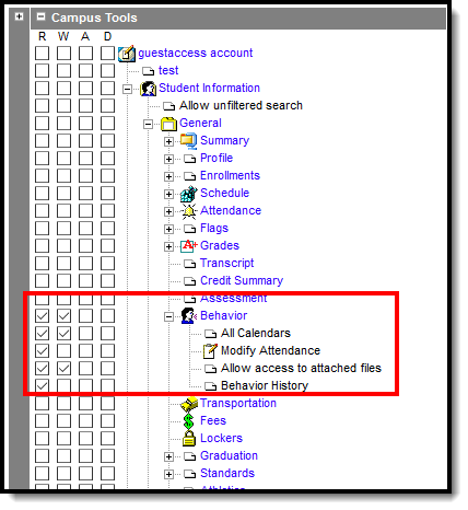 Screenshot of the tool rights for the Student Behavior tab.