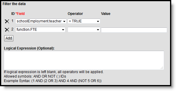Screenshot of Filter Identifying the Total FTE of Classroom Teachers 