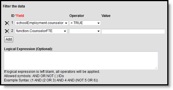 Screenshot of Filter Identifying the FTE of School Counselors