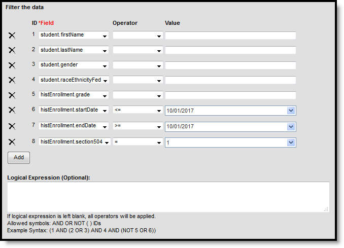 Screenshot of Filter Determining Section 504 Students with an indicator on enrollment